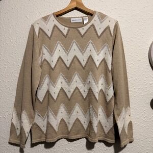 Vintage Alfred Dunner Womens L Tan White Chevron Beaded Sparkle Knit Sweater Top